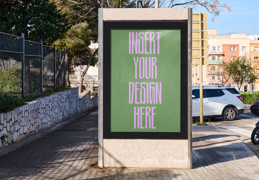 Outdoor Urban Kiosk panel at ground level for OOH Advertising Mockup Template