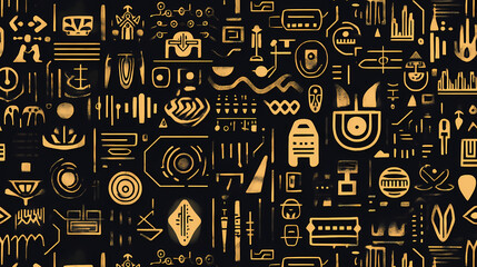 A seamless pattern of futuristic glyphs and symbols suggesting an alien language or code. Ancient Alien Glyphs. Illustration