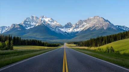 Naklejka premium Scenic Mountain Road Through Green Valley With Snow Capped Peaks
