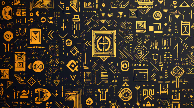A seamless pattern of futuristic glyphs and symbols suggesting an alien language or code. Ancient Alien Glyphs. Illustration