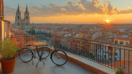 Rooftop Terrace Sunset View of Spanish City with Bikes