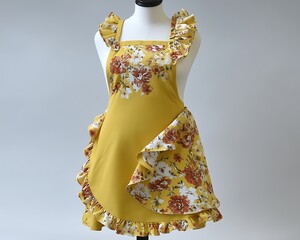 Yellow floral apron with ruffled edges and a vintage style, on a mannequin, white background.