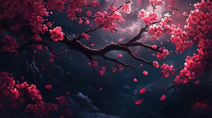 anime cherry blossom branch, pink flowers, dark background, aesthetic wallpaper