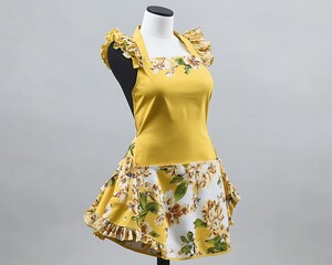 Yellow floral apron with ruffled edges and a vintage style, on a mannequin, white background.