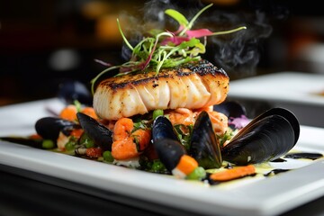 A vibrant seafood plate showcases grilled fish atop a bed of shrimp and mussels, beautifully garnished with fresh herbs and colorful vegetables.