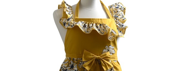 Yellow floral apron with ruffled edges and a bow, vintage style, on a mannequin, white background.