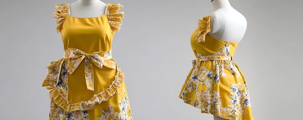Yellow floral apron with ruffled edges and a bow, vintage style, on a mannequin, white background.