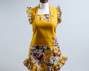Yellow floral apron with ruffled edges and a vintage style, on a mannequin, white background.