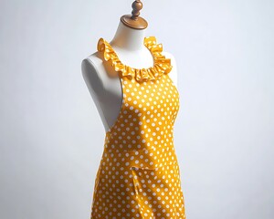Yellow polka dot apron with a ruffled neckline, retro design, on a mannequin, white background.