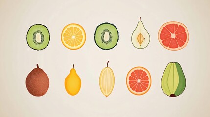 Variety of Colorful Fresh Fruits Whole and Cut Set