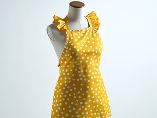 Yellow retro apron with polka dots and a ruffled neckline on a mannequin, white background.