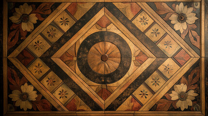 Intricate patterned wooden floor design showcasing floral and geometric motifs