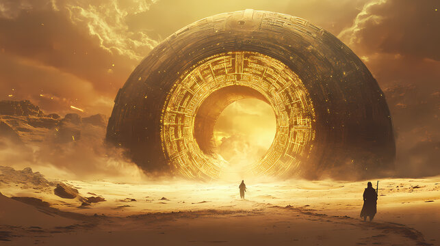 Cosmic stargate in a desert. Ancient Alien Glyphs. Illustration
