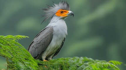 Grey bird perched on fern in forest background