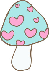 Adorable cartoon illustration of a blue mushroom covered in pink hearts. Perfect for fantasy, nature, whimsical, and fairy tale-themed designs