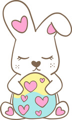 Adorable cartoon illustration of a white bunny with pink heart markings holding a decorated Easter egg. Perfect for Easter, spring, and festive designs