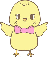 Adorable cartoon illustration of a yellow baby chick wearing a pink bow. Perfect for Easter, spring, children’s designs, and festive decorations
