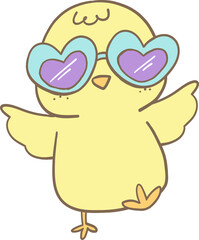 Adorable cartoon illustration of a yellow baby chick wearing blue heart-shaped sunglasses with purple lenses. Perfect for Easter, summer, and fun designs