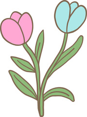 Obraz premium Adorable cartoon illustration of two blooming tulip flowers in pink and blue with green leaves. Perfect for spring, floral, and nature-themed designs