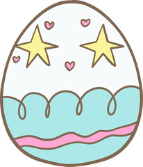 Cute pastel Easter egg featuring yellow stars, pink hearts, and a blue wavy design. A perfect illustration for spring and Easter celebrations
