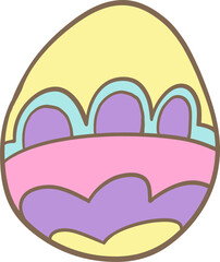 Colorful pastel Easter egg featuring a decorative pattern with wavy and scalloped designs in yellow, pink, purple, and blue. Perfect for holiday celebrations