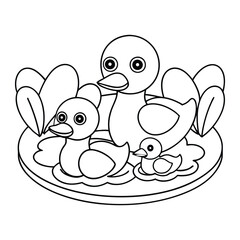 Duck with her baby swimming coloring page for kids