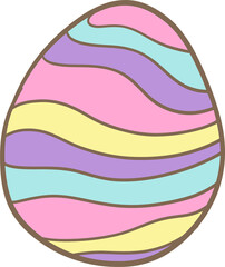 A pastel Easter egg decorated with wavy stripes in pink, yellow, purple, and blue. A festive and fun design for Easter celebrations