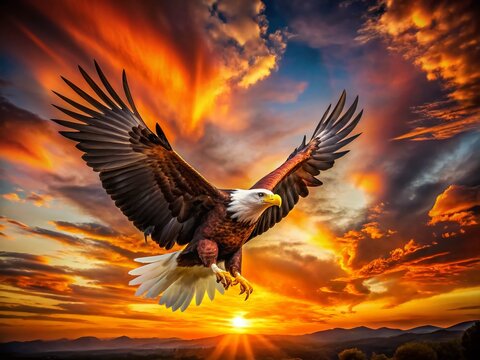 Majestic Bald Eagle Soaring, Fiery Sunset Aerial View