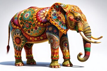 Fototapeta premium Majestic Batik Elephant in Low Light, White Background - Stock Photo