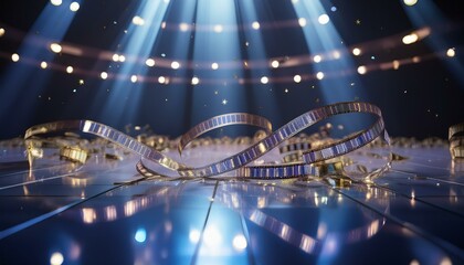 스크린을 배경으로 반짝이는 필름 테이프 조각들