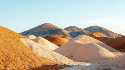 Naklejka premium Earthy clay hills with rolling formations warm neutral tones, bathed soft sunlight. landscape features smooth, undulating mounds with mix of beige, brown, and golden hues clear blue sky