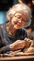 Elderly woman joyfully sculpting clay figurine in a creative art studio atmosphere
