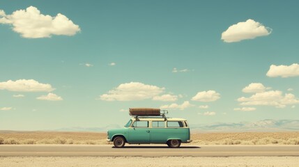 Retro van on desert road under a clear sky. Possible use Travel, road trip, adventure