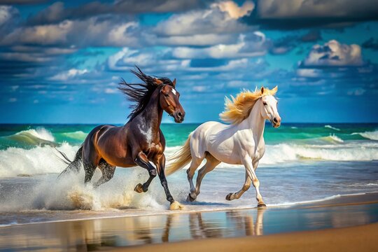 Majestic Black and White Horses Galloping on a Secluded Island Beach