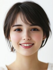 Fototapeta premium A youthful Asian woman with a bob haircut smiles brightly, showcasing her natural beauty against a plain white background.