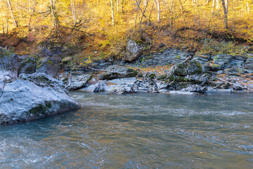 morning in a mountainous area, frost falling on the trees, the first rays of the sun awaken nature