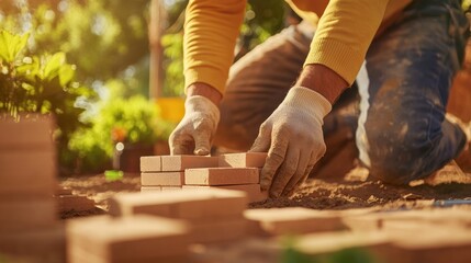 Closeup view of hands of gardener working in field on small project.