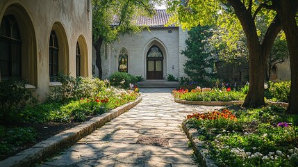 Obraz premium Stone Path Leads To A Beautiful Garden Entrance