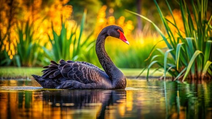 Obraz premium Majestic Black Swan Close-Up, Serene Water Landscape Photography