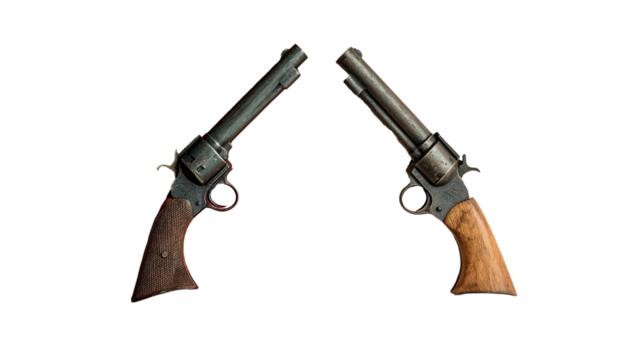 Historic dual revolvers display museum exhibit transparent background antique weaponry close-up collectible concept