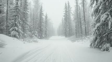Snowy Forest Trail, Winter Wonderland, Pathway Through Trees, Tranquil Landscape, Ideal for Background Image