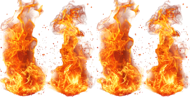 Fiery Orange Flames Intense Energy, Burning Fire for Power Themes, isolated on transparent background.