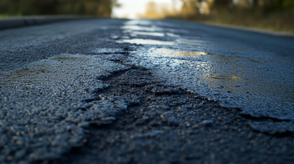 Close-up of dark asphalt texture with rough road surface details, wet pavement reflections, and natural stains