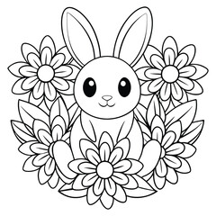 easter bunny with flowers coloring page for kids