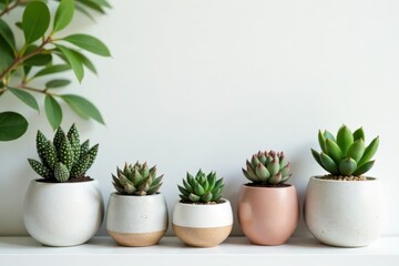 Fototapeta premium Diverse succulents and cacti in various concrete planters on white shelf , succulents, natural, modern