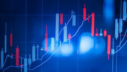 흐릿한 배경 위에 빨간색 양봉과 파란색 음봉으로 구성된 간결한 주식 캔들차트