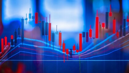 Naklejka premium 흐릿한 배경 위에 빨간색 양봉과 파란색 음봉으로 구성된 간결한 주식 캔들차트