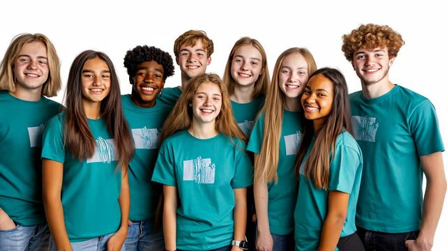 Happy group of teens in colorful tshirts smiling together on a white background