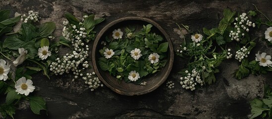Rustic bowl of daisies, herbs, and wildflowers on dark stone, overhead