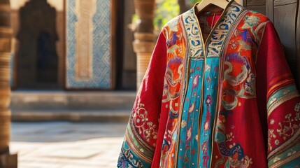 Fototapeta premium Colorful Traditional Garment Displayed in Cultural Setting